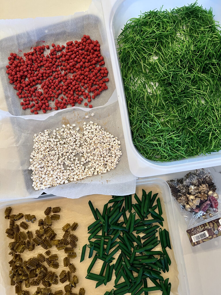 colouring and drying sensory pasta