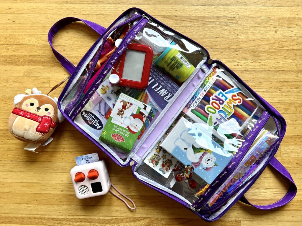 travel activities packed in a toiletry bag