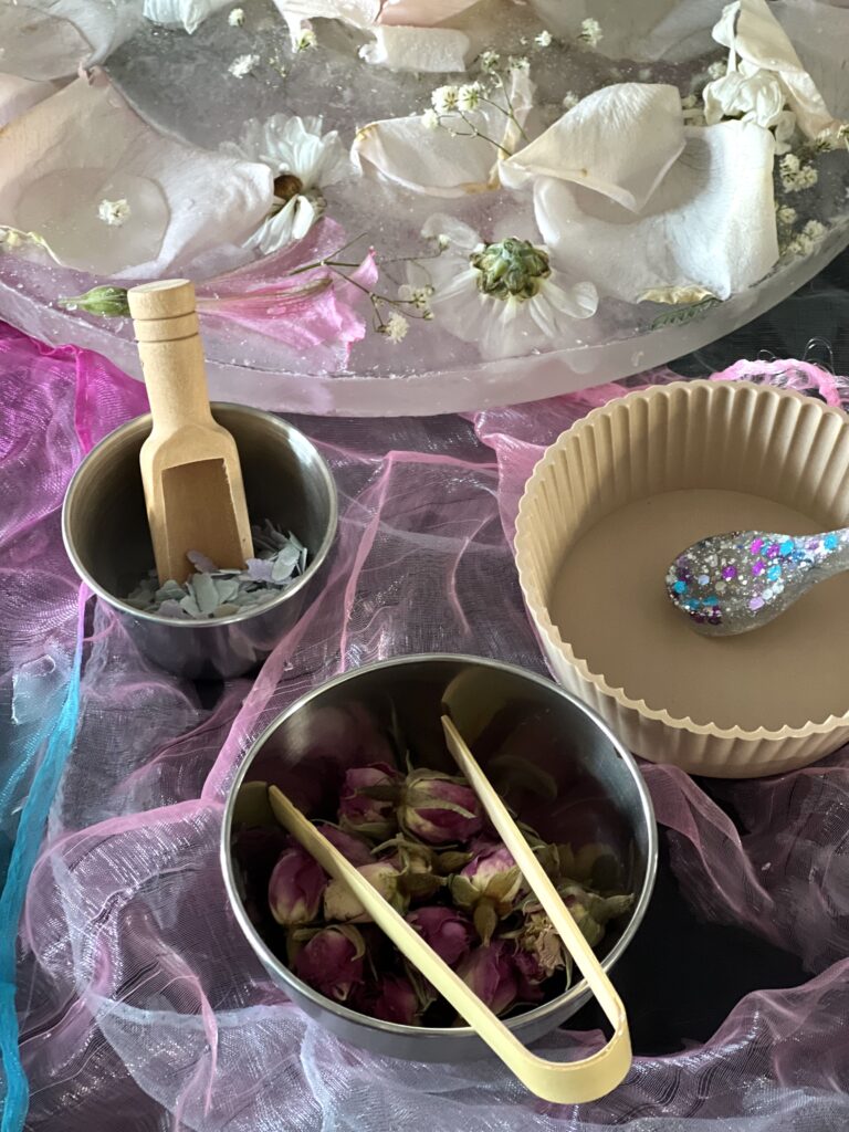 dried rosebuds and soap shavings