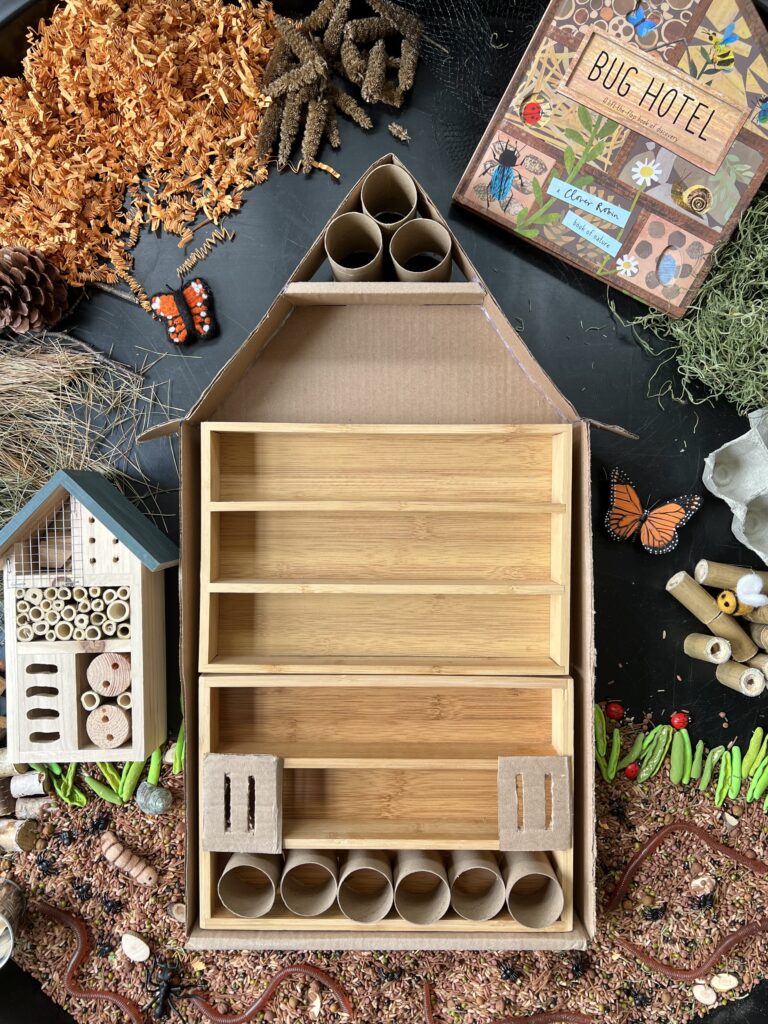 bug hotel with cardboard and bamboo utensil box