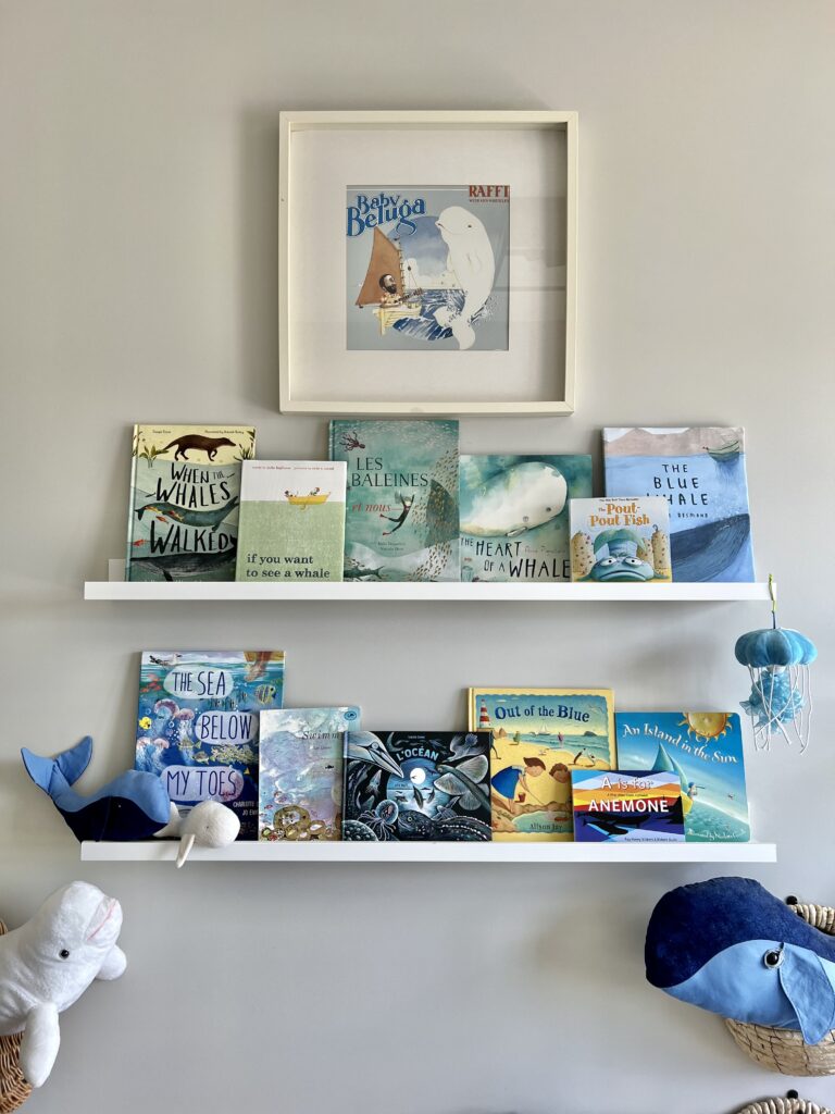 book shelf with kids ocean books