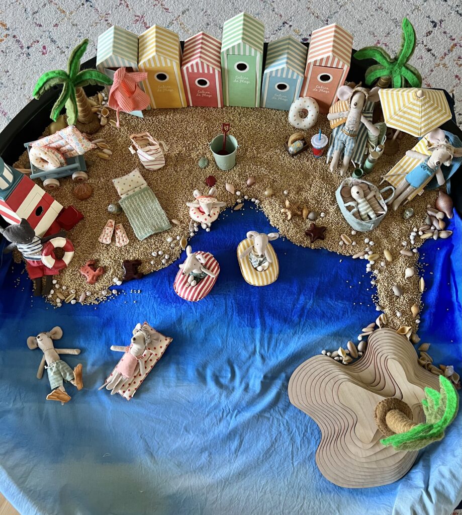 tuff tray with maileg beach small world play scene