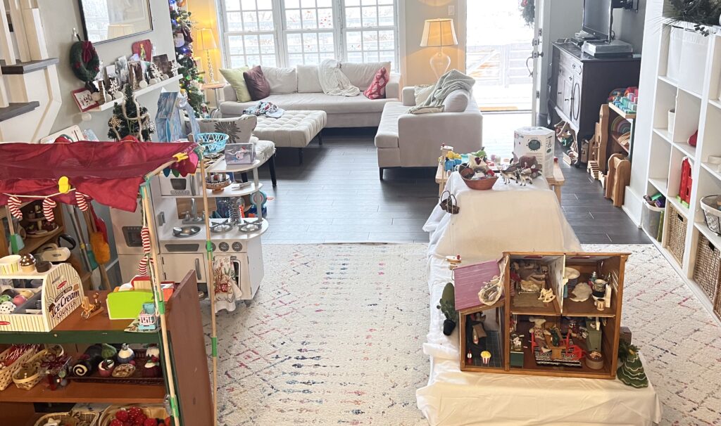 messy and cluttered dining room playroom