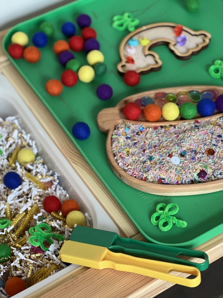 st patricks sensory bin and pot of gold wood tray