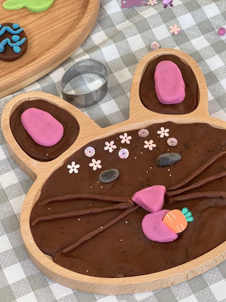 wood bunny tray with playdough