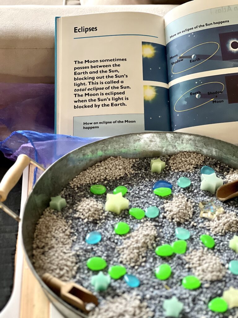 moon sensory tray with book