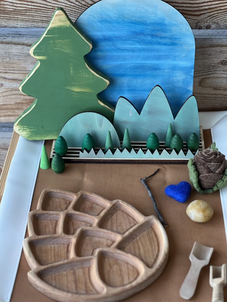 storyboard wood pieces, pinecone wood tray