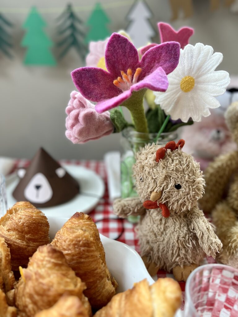 felt flower bouquet and stuffed animals