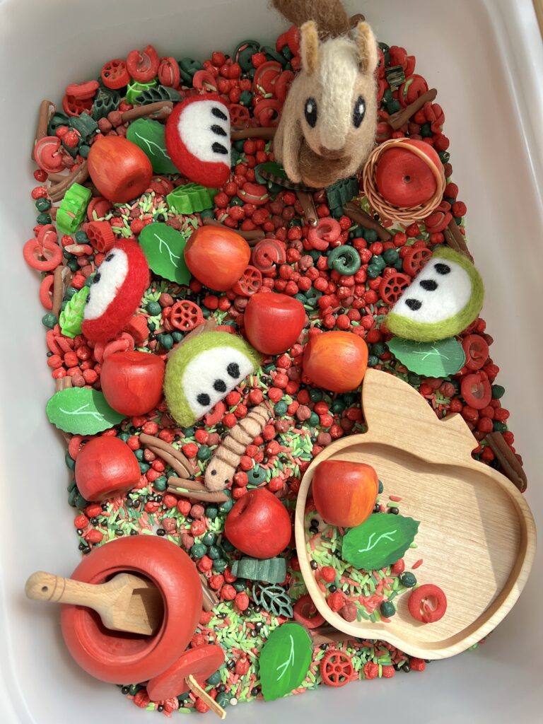 sensory mix with felt and wood apples