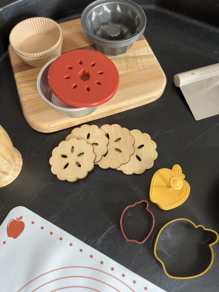 wooden pie toppers for apple pie sensory play