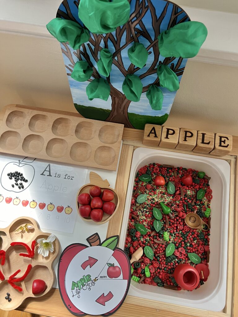 flisat apple sensory learning table with lifecycle writing and counting activities