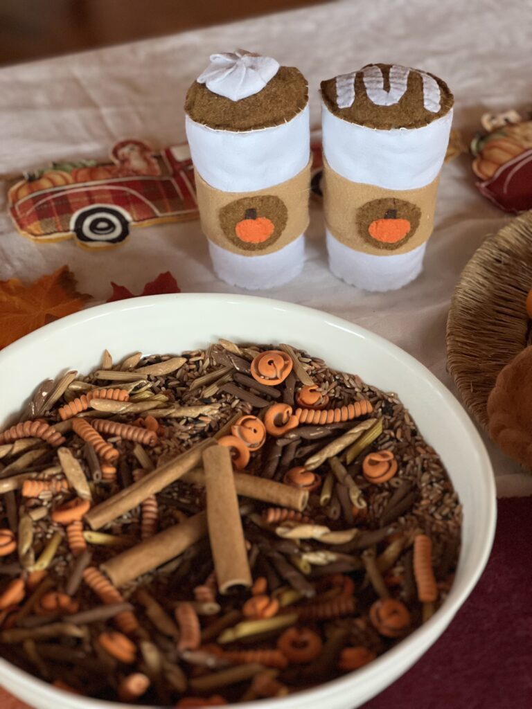 sensory bin filler and felt play pumpkin spice lattes