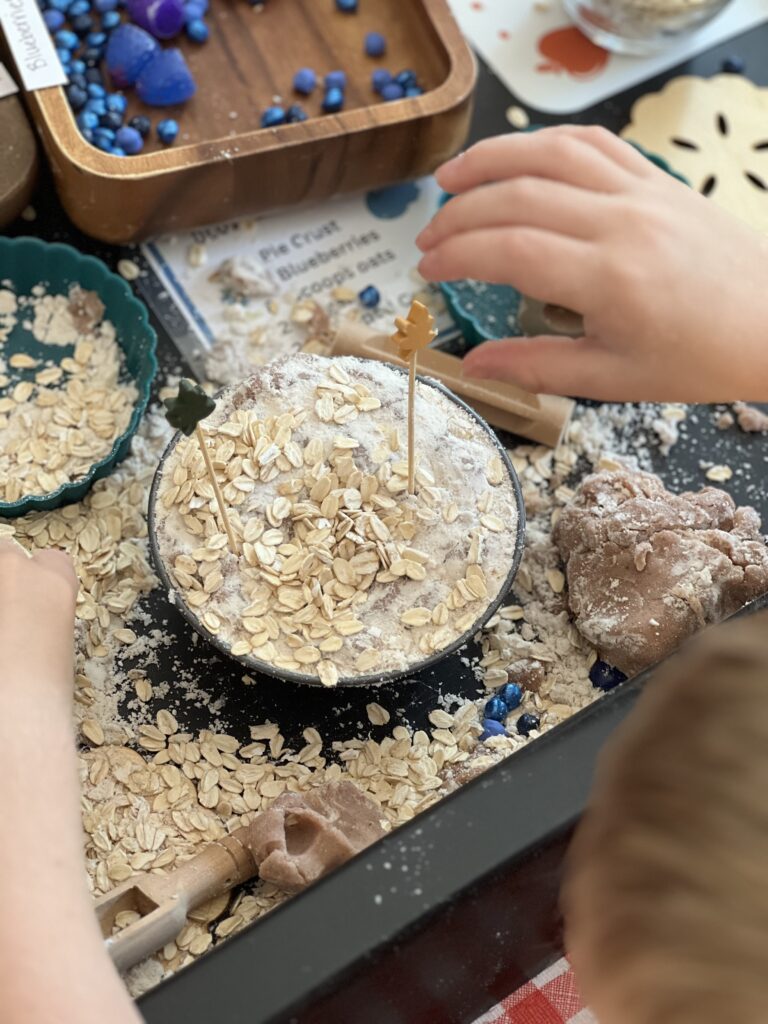 play baking pie playdough, cloud dough, oats